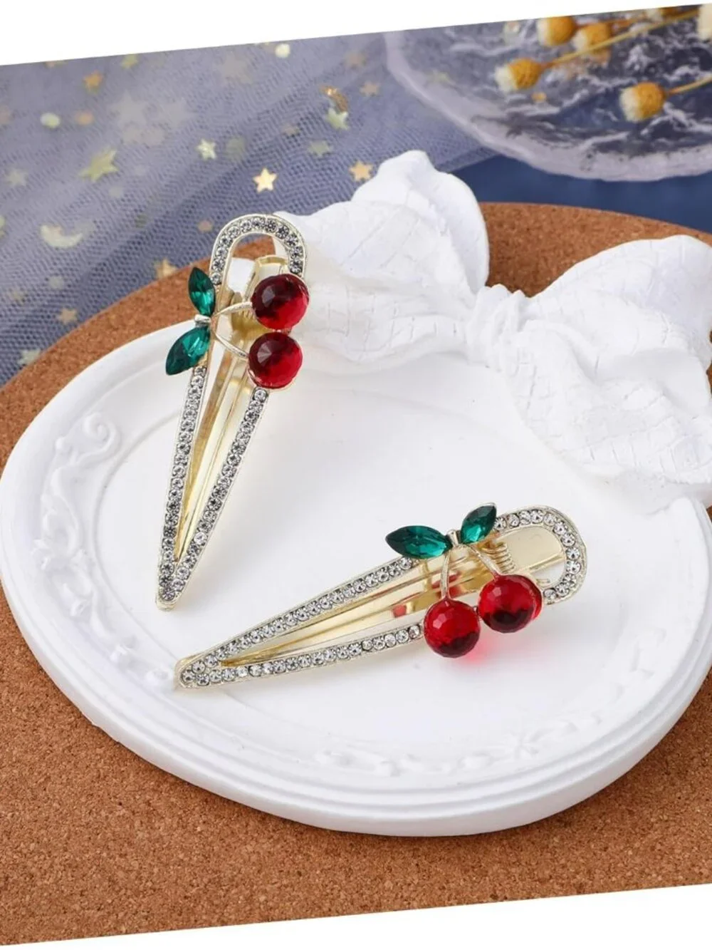 Rhinestone‎ and Cherry Hair Clips Set of 2 Hair Barrettes NEW